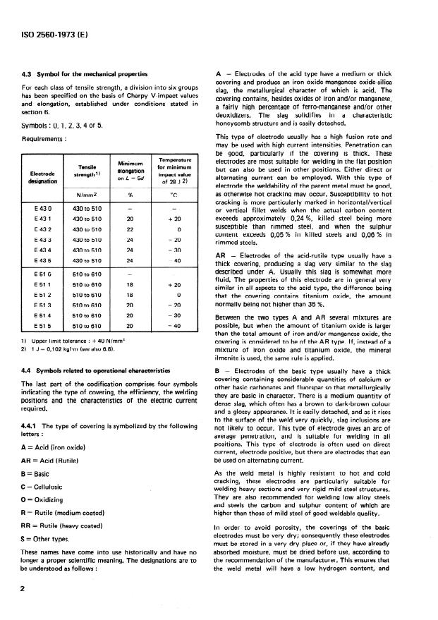 ISO 2560:1973 ISO 2560:1973 - Covered electrodes for manual arc welding of mild steel and low alloy steel -- Code of symbols for identification - Page 4 preview