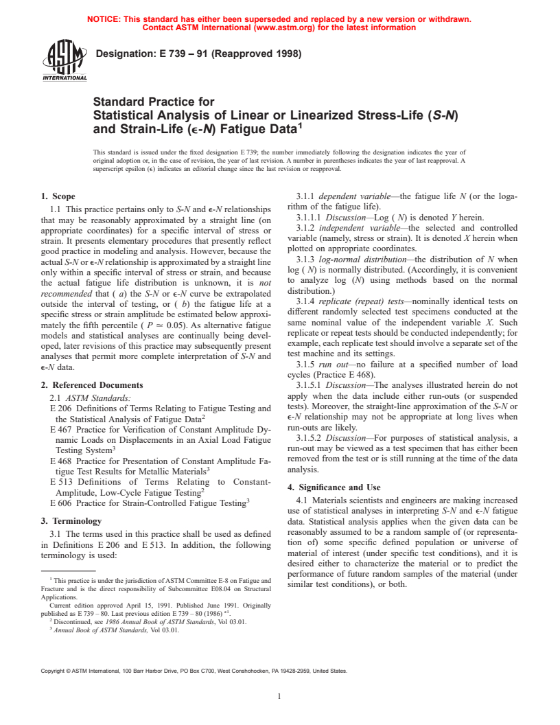 ASTM E739-91(1998) - Standard Practice for Statistical Analysis of Linear or Linearized Stress-Life (S-N) and Strain-Life (e-N) Fatigue Data