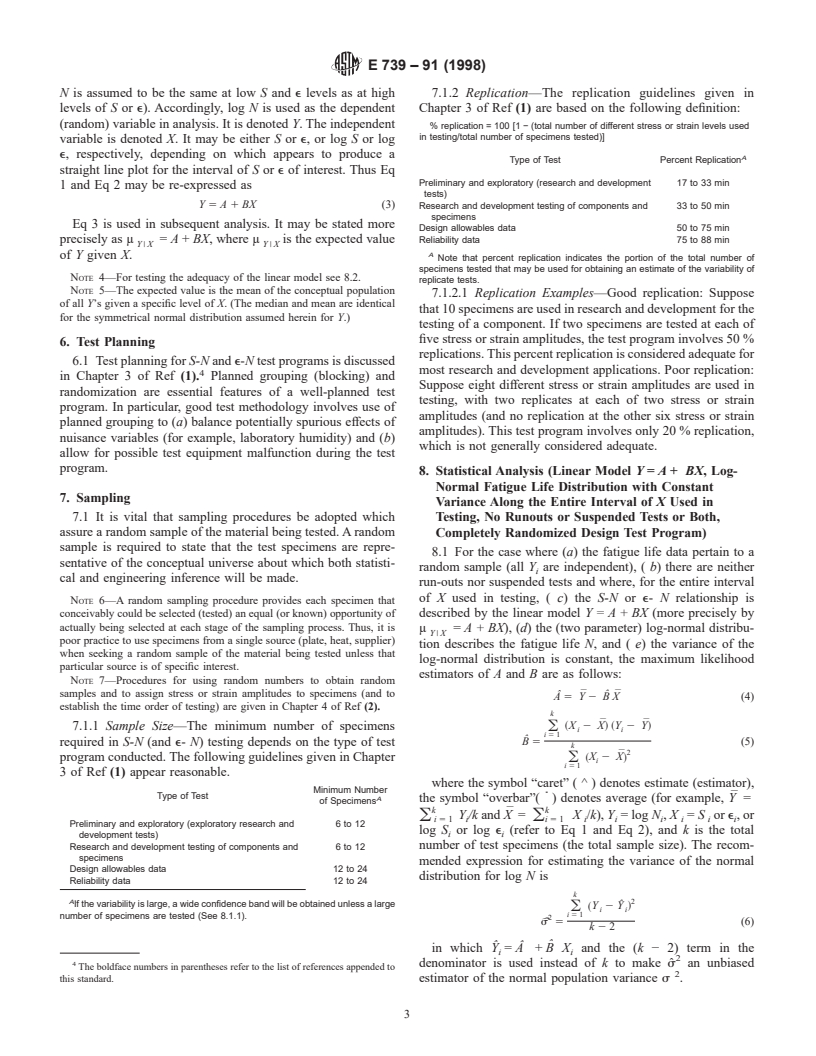 ASTM E739-91(1998) - Standard Practice for Statistical Analysis of Linear or Linearized Stress-Life (S-N) and Strain-Life (e-N) Fatigue Data