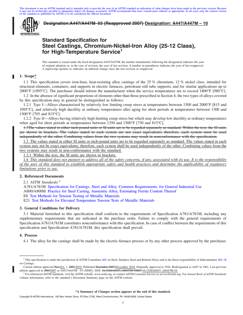 REDLINE ASTM A447/A447M-10 - Standard Specification for Steel Castings, Chromium-Nickel-Iron Alloy (25-12 Class), for High-Temperature Service