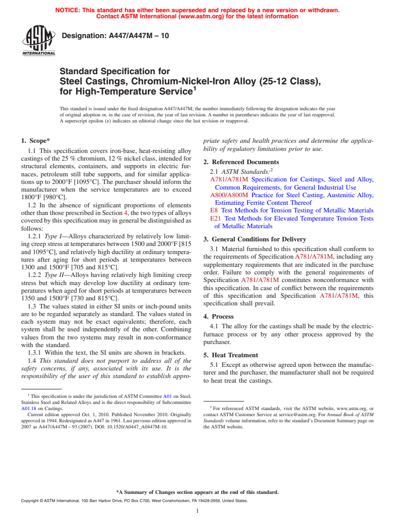 ASTM A447/A447M-10 - Standard Specification for Steel Castings, Chromium-Nickel-Iron Alloy (25-12 Class), for High-Temperature Service