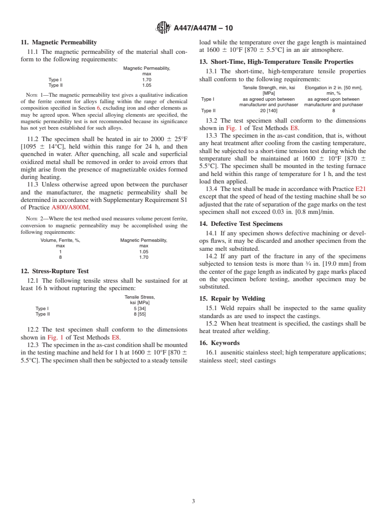 ASTM A447/A447M-10 - Standard Specification for Steel Castings, Chromium-Nickel-Iron Alloy (25-12 Class), for High-Temperature Service