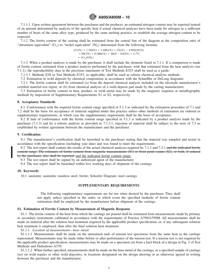 REDLINE ASTM A800/A800M-10 - Standard Practice for Steel Casting, Austenitic Alloy, Estimating Ferrite Content Thereof