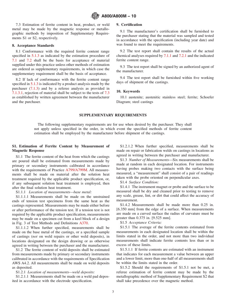 ASTM A800/A800M-10 - Standard Practice for Steel Casting, Austenitic Alloy, Estimating Ferrite Content Thereof