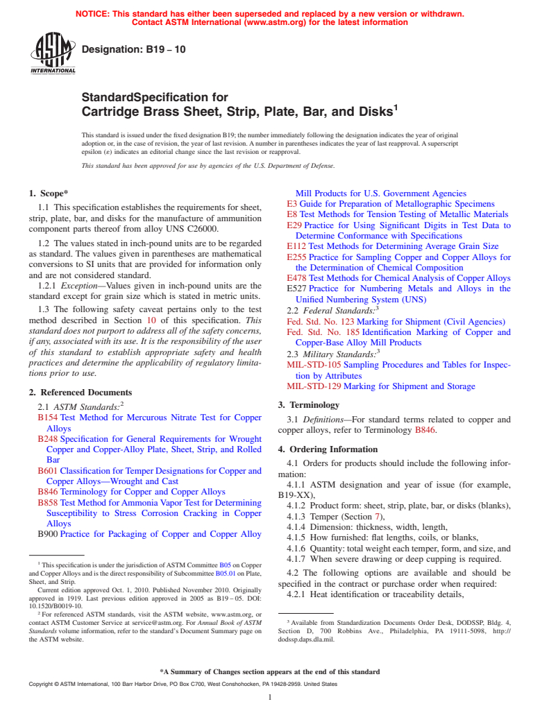 ASTM B19-10 - Standard Specification for Cartridge Brass Sheet, Strip, Plate, Bar, and Disks