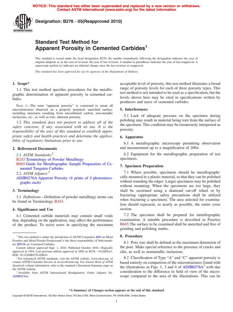 ASTM B276-05(2010) - Standard Test Method for Apparent Porosity in Cemented Carbides