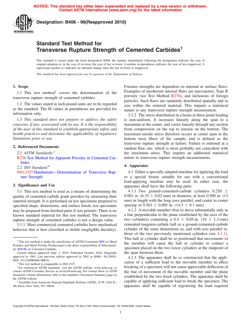 ASTM B406-96(2010) - Standard Test Method for Transverse Rupture Strength of Cemented Carbides