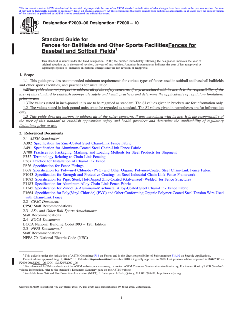 REDLINE ASTM F2000-10 - Standard Guide for Fences for Baseball and Softball Fields