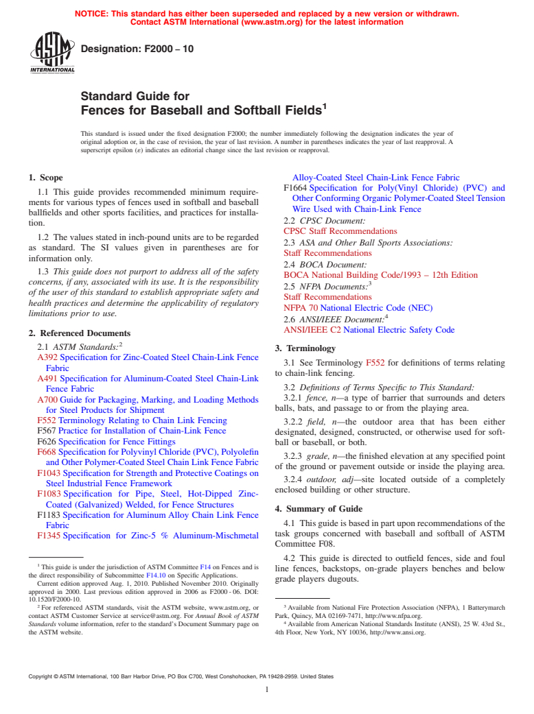 ASTM F2000-10 - Standard Guide for Fences for Baseball and Softball Fields