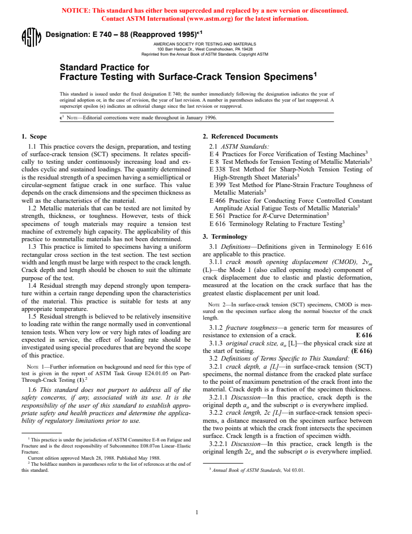 ASTM E740-88(1995)e1 - Standard Practice for Fracture Testing with Surface-Crack Tension Specimens