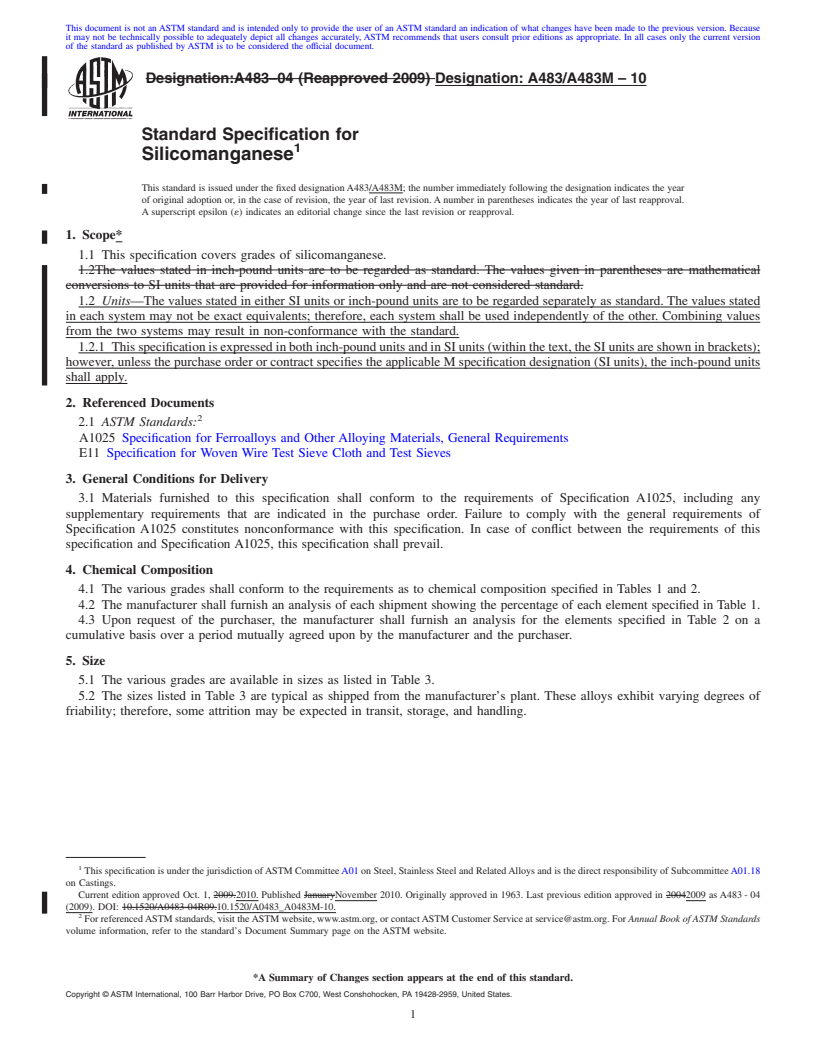 REDLINE ASTM A483/A483M-10 - Standard Specification for Silicomanganese