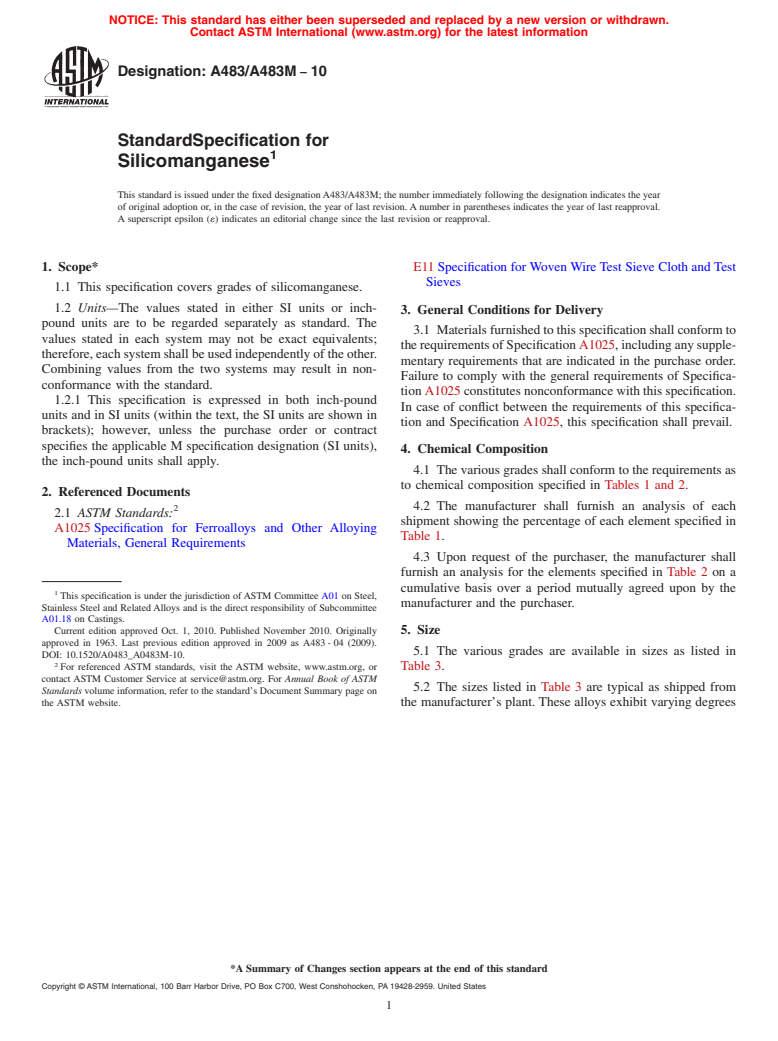 ASTM A483/A483M-10 - Standard Specification for Silicomanganese