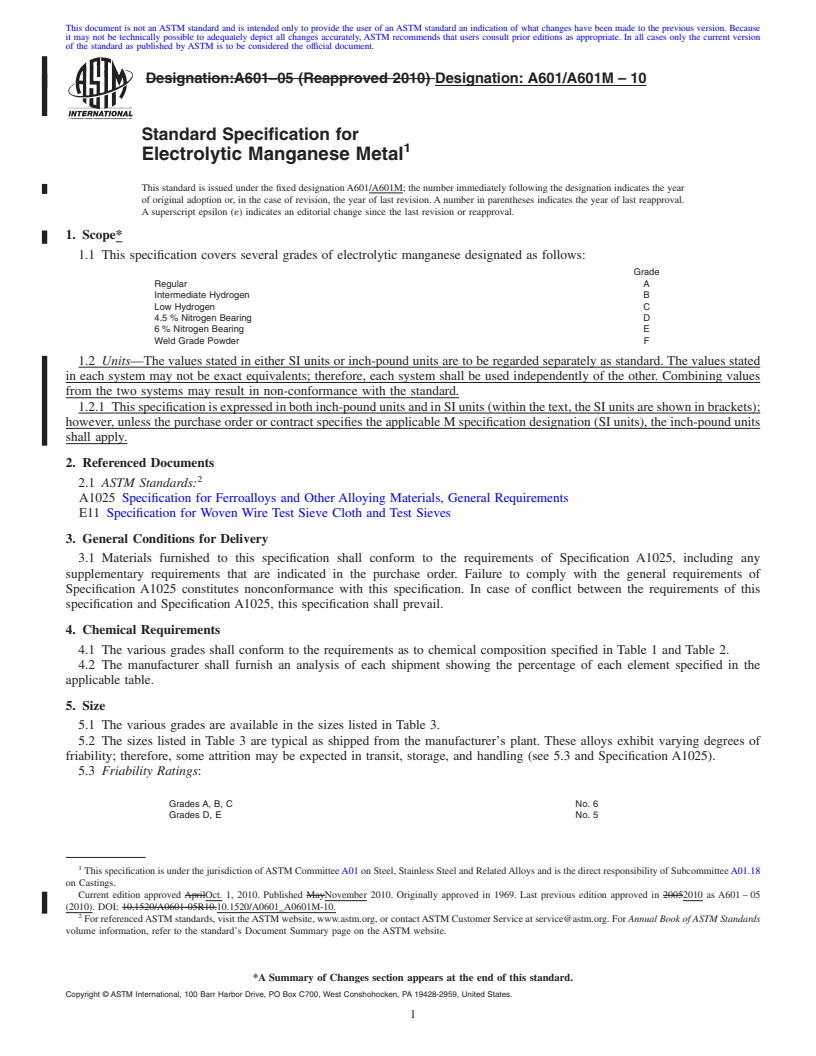 REDLINE ASTM A601/A601M-10 - Standard Specification for Electrolytic Manganese Metal