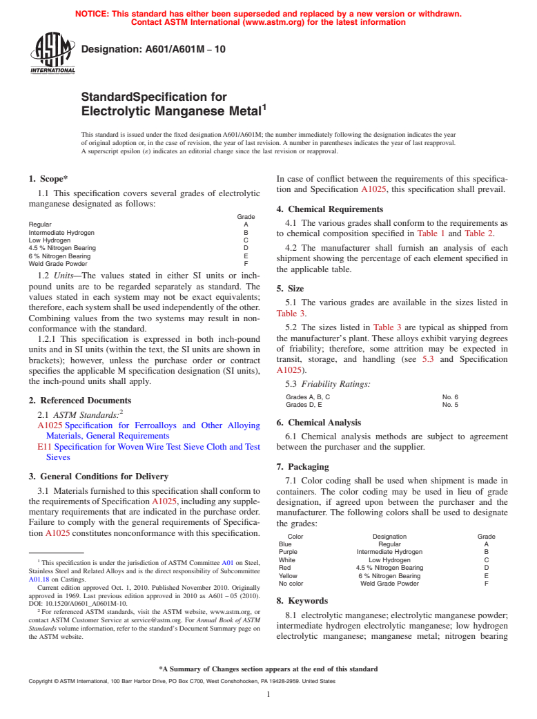 ASTM A601/A601M-10 - Standard Specification for Electrolytic Manganese Metal