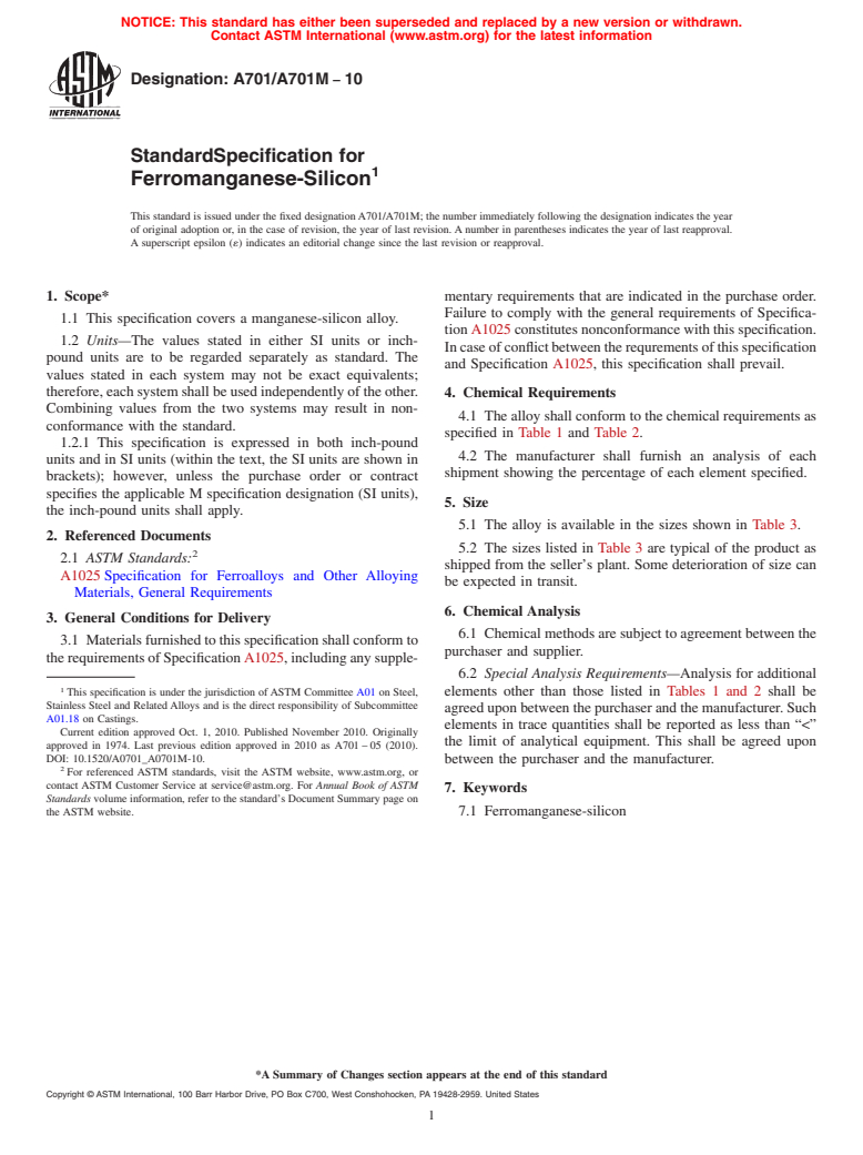 ASTM A701/A701M-10 - Standard Specification for Ferromanganese-Silicon