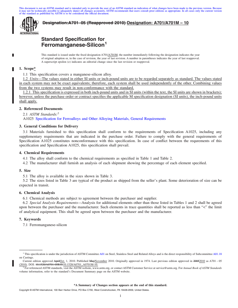 REDLINE ASTM A701/A701M-10 - Standard Specification for Ferromanganese-Silicon