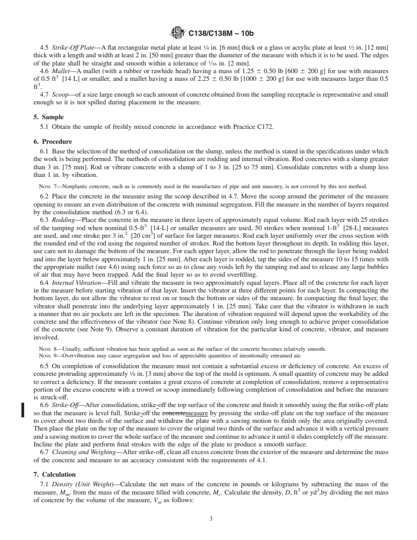 REDLINE ASTM C138/C138M-10b - Standard Test Method for  Density (Unit Weight), Yield, and Air Content (Gravimetric) of Concrete