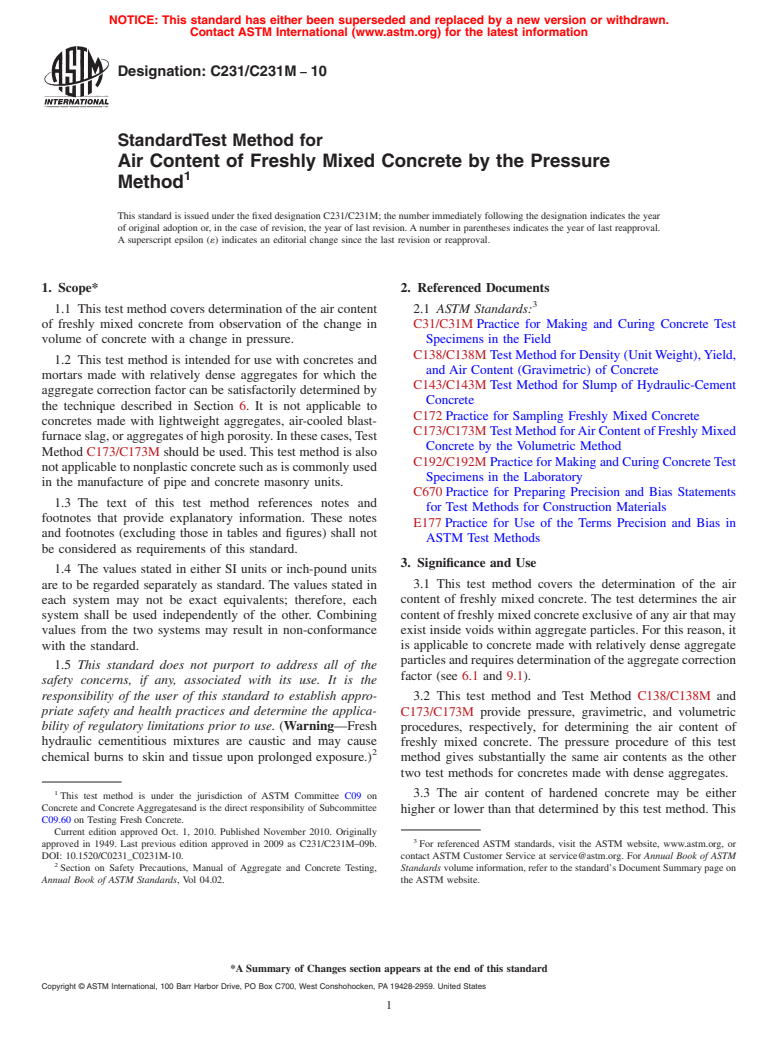 ASTM C231/C231M-10 - Standard Test Method for  Air Content of Freshly Mixed Concrete by the Pressure Method