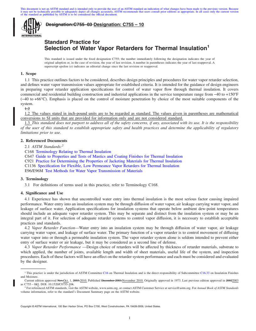 REDLINE ASTM C755-10 - Standard Practice for Selection of Water Vapor Retarders for Thermal Insulation