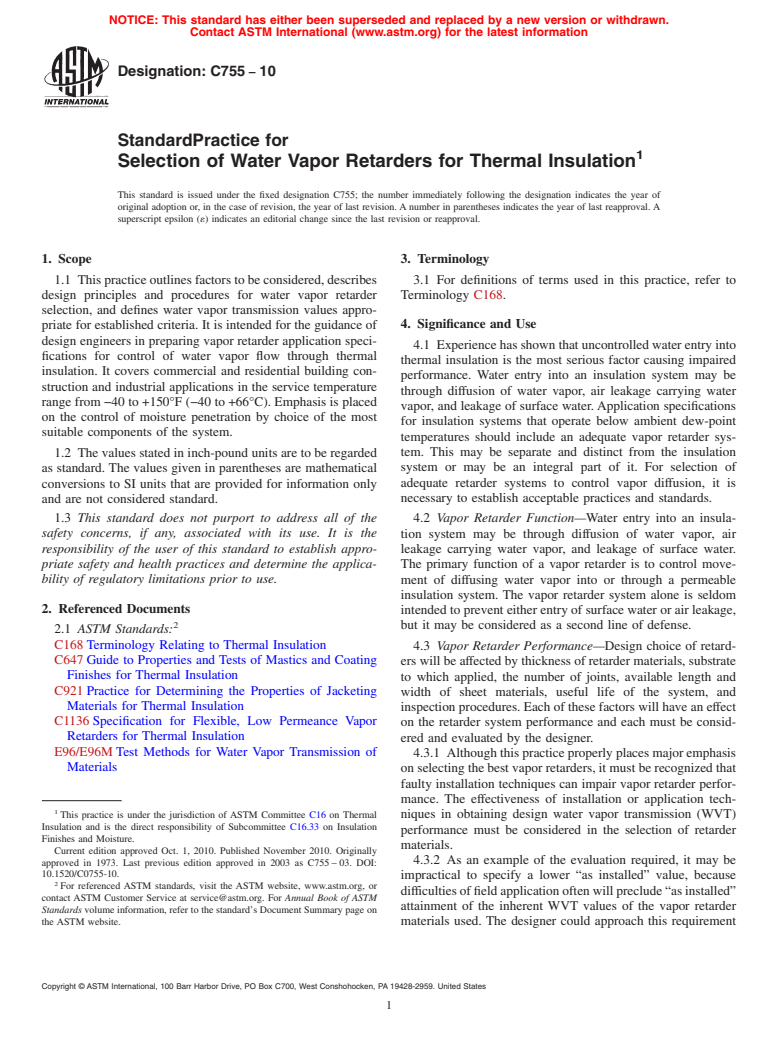 ASTM C755-10 - Standard Practice for Selection of Water Vapor Retarders for Thermal Insulation