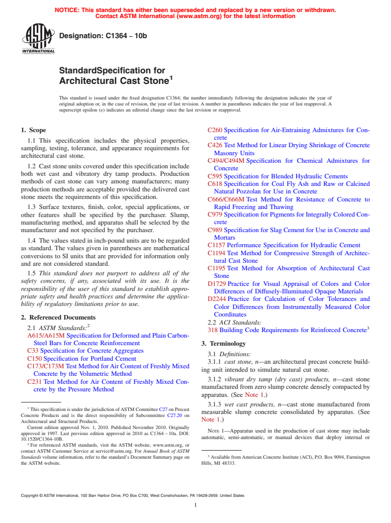 ASTM C1364-10b - Standard Specification for Architectural Cast Stone