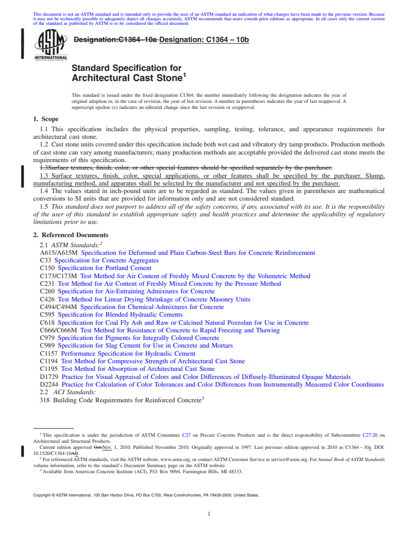 REDLINE ASTM C1364-10b - Standard Specification for Architectural Cast Stone