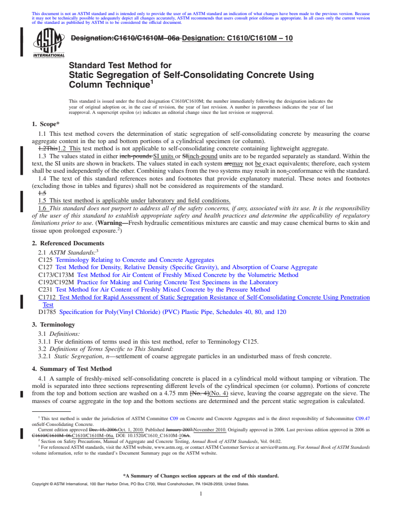 REDLINE ASTM C1610/C1610M-10 - Standard Test Method for Static Segregation of Self-Consolidating Concrete Using Column Technique