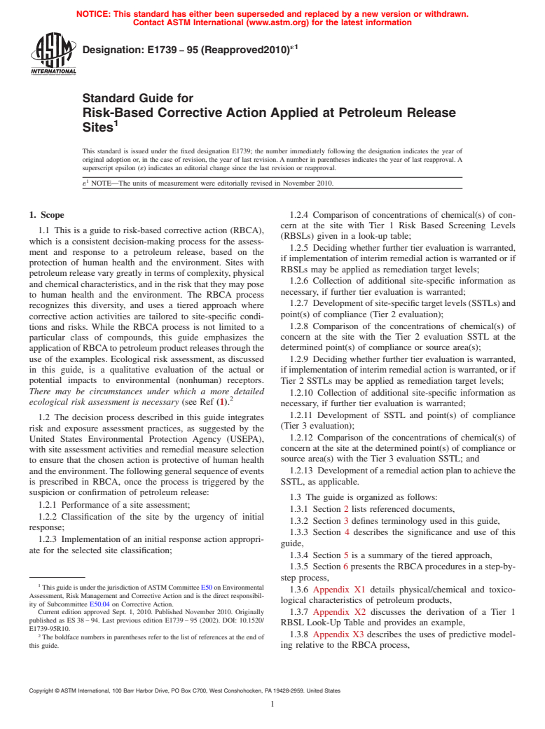 ASTM E1739-95(2010)e1 - Standard Guide for Risk-Based Corrective Action Applied at Petroleum Release Sites