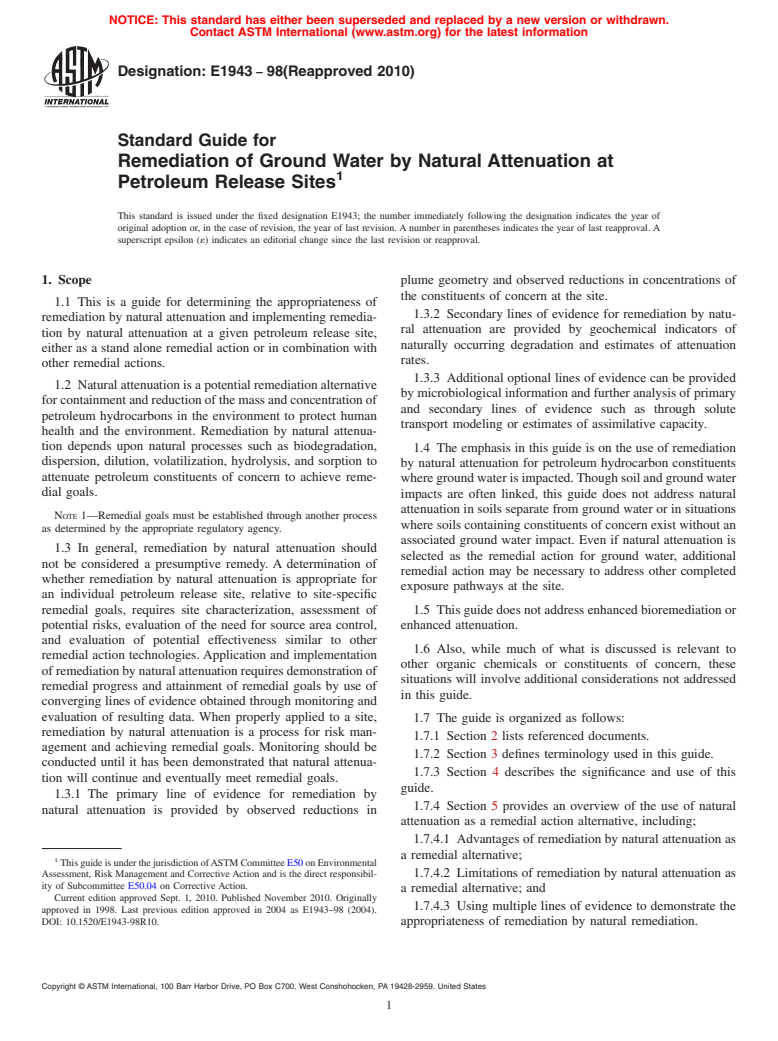 ASTM E1943-98(2010) - Standard Guide for Remediation of Ground Water by Natural Attenuation at Petroleum Release Sites