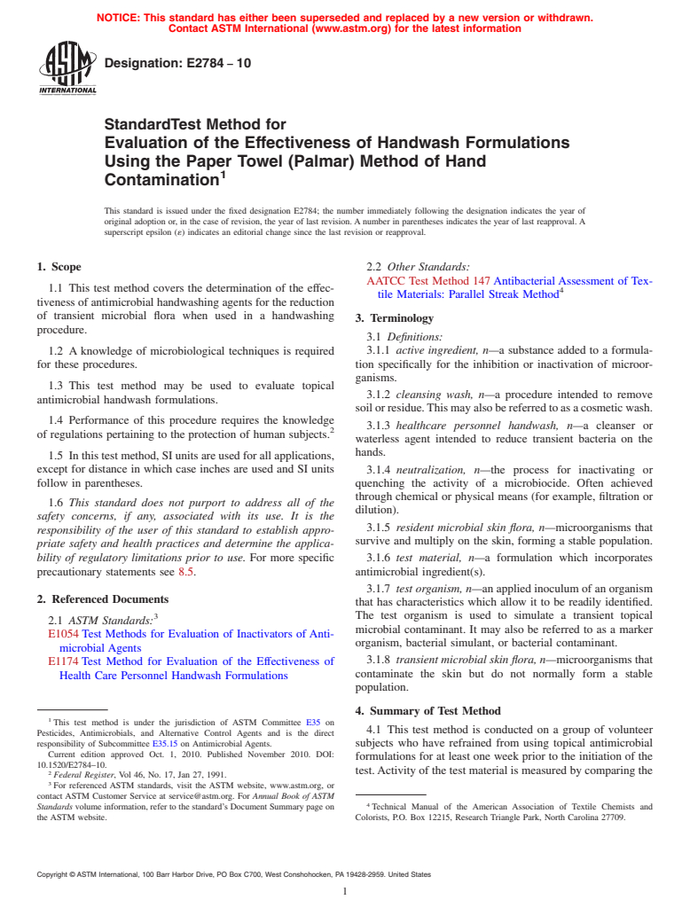 ASTM E2784-10 - Standard Test Method for Evaluation of the Effectiveness of Handwash Formulations Using the Paper Towel (Palmar) Method of Hand Contamination