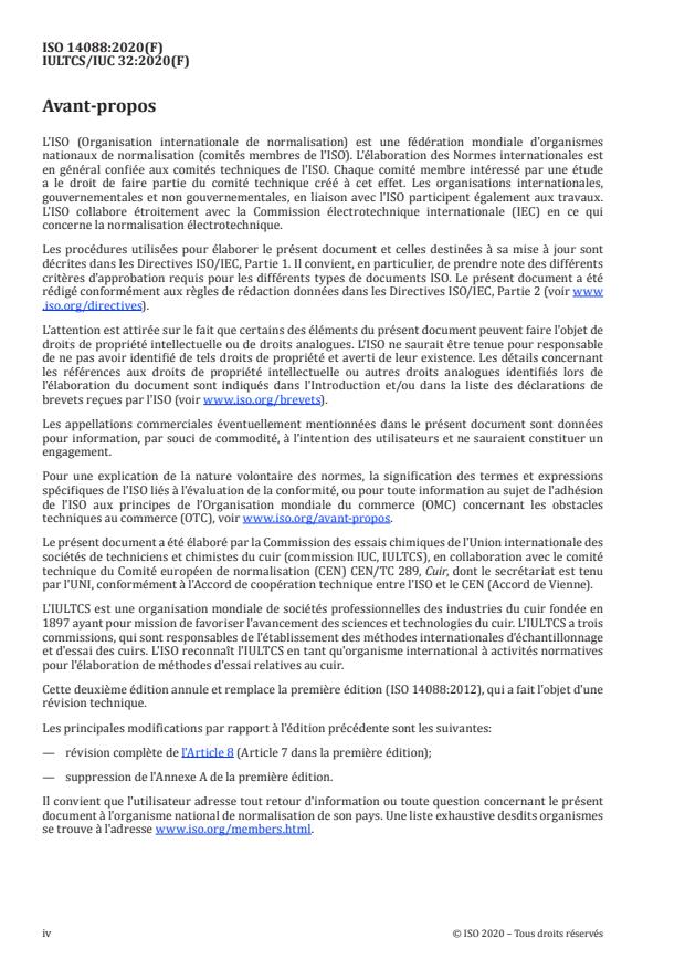 ISO 14088:2020 ISO 14088:2020 - Cuir -- Essais chimiques -- Analyse quantitative des agents de tannage par la méthode au filtre cloche - Page 4 preview