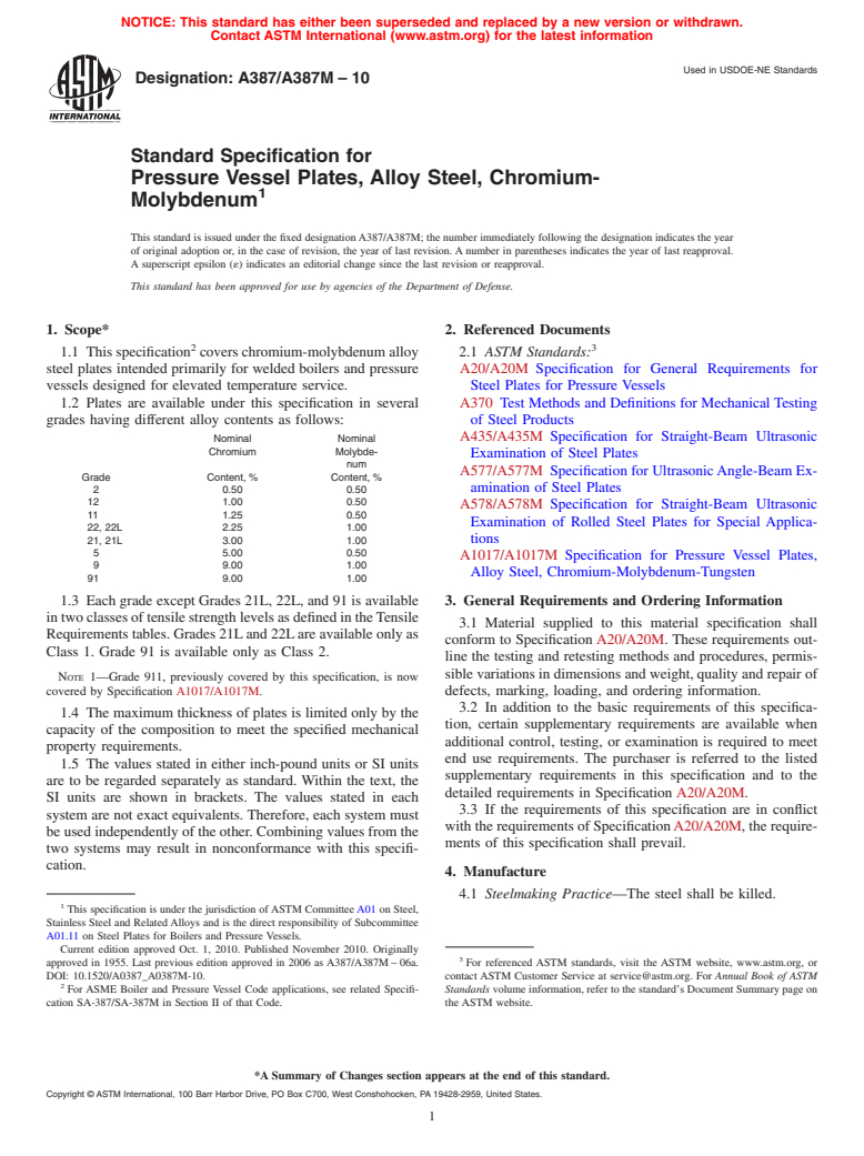 ASTM A387/A387M-10 - Standard Specification for Pressure Vessel Plates, Alloy Steel, Chromium-Molybdenum