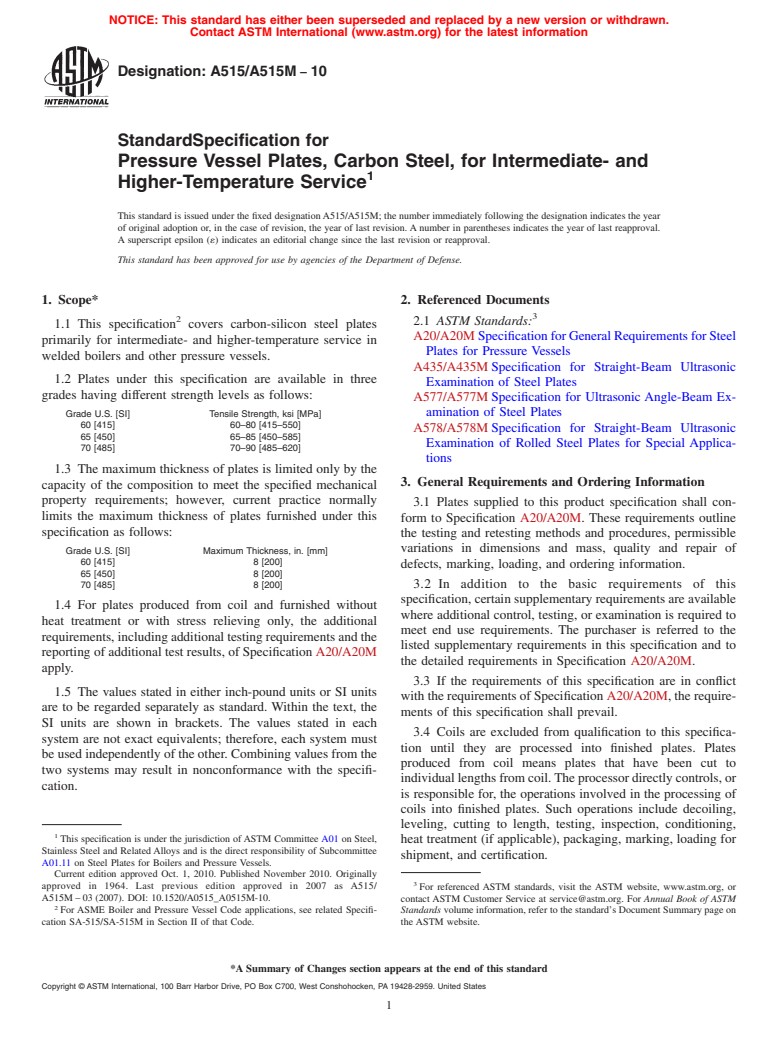 ASTM A515/A515M-10 - Standard Specification for  Pressure Vessel Plates, Carbon Steel, for Intermediate- and Higher-Temperature Service