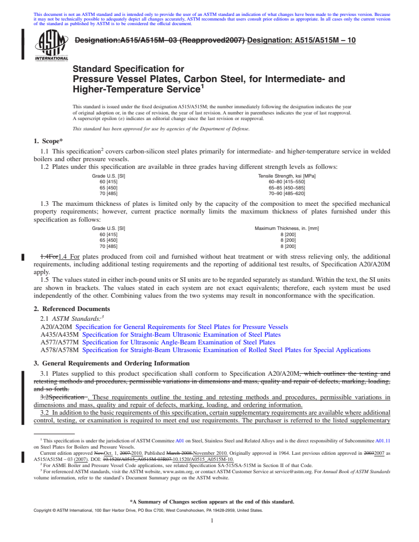 REDLINE ASTM A515/A515M-10 - Standard Specification for  Pressure Vessel Plates, Carbon Steel, for Intermediate- and Higher-Temperature Service