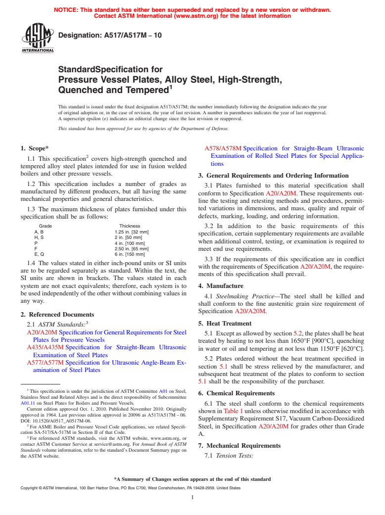 ASTM A517/A517M-10 - Standard Specification for Pressure Vessel Plates, Alloy Steel, High-Strength, Quenched and Tempered