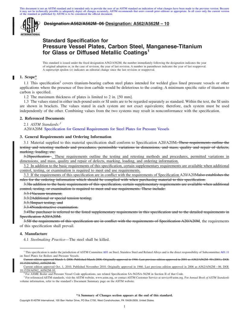 REDLINE ASTM A562/A562M-10 - Standard Specification for Pressure Vessel Plates, Carbon Steel, Manganese-Titanium for Glass or Diffused Metallic Coatings