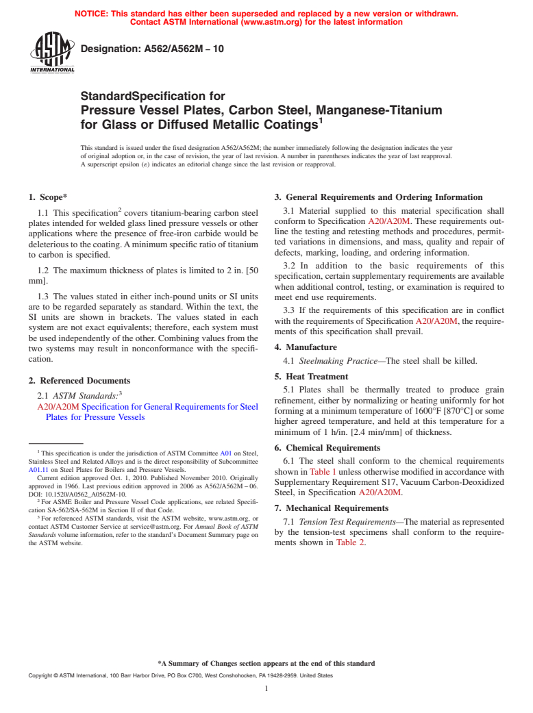 ASTM A562/A562M-10 - Standard Specification for Pressure Vessel Plates, Carbon Steel, Manganese-Titanium for Glass or Diffused Metallic Coatings