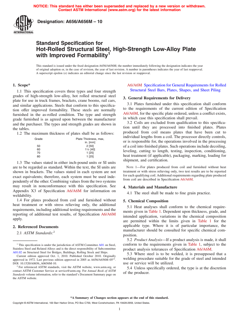 ASTM A656/A656M-10 - Standard Specification for Hot-Rolled Structural Steel, High-Strength Low-Alloy Plate with Improved Formability