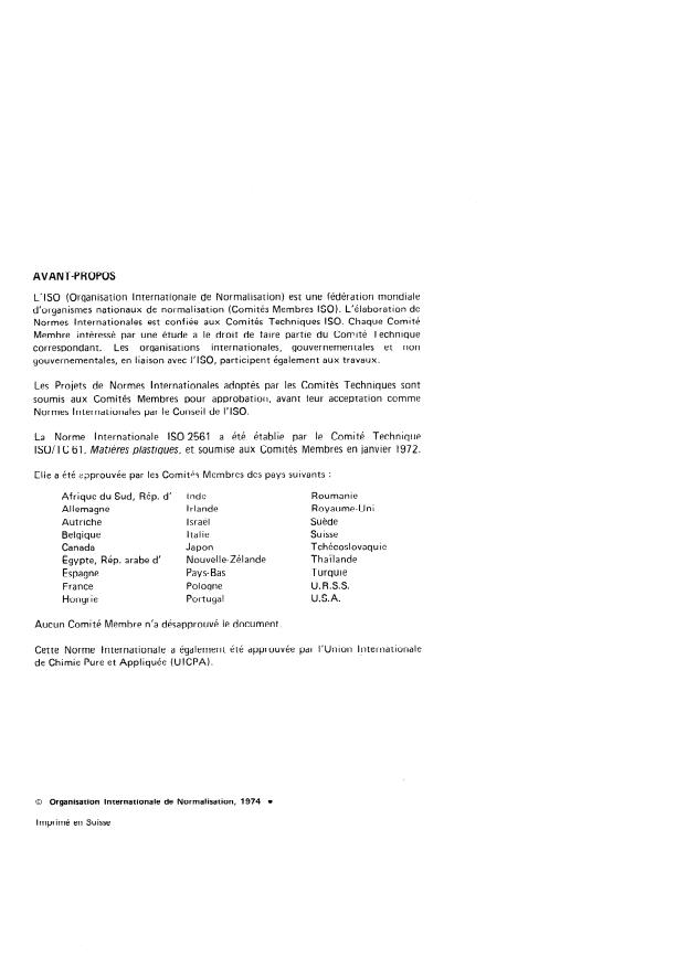 ISO 2561:1974 ISO 2561:1974 - Matieres plastiques -- Détermination du styrene monomere résiduel dans le polystyrene par chromatographie en phase gazeuse - Page 2 preview