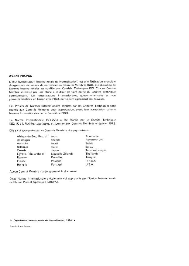 ISO 2561:1974 ISO 2561:1974 - Matieres plastiques -- Détermination du styrene monomere résiduel dans le polystyrene par chromatographie en phase gazeuse - Page 2 preview