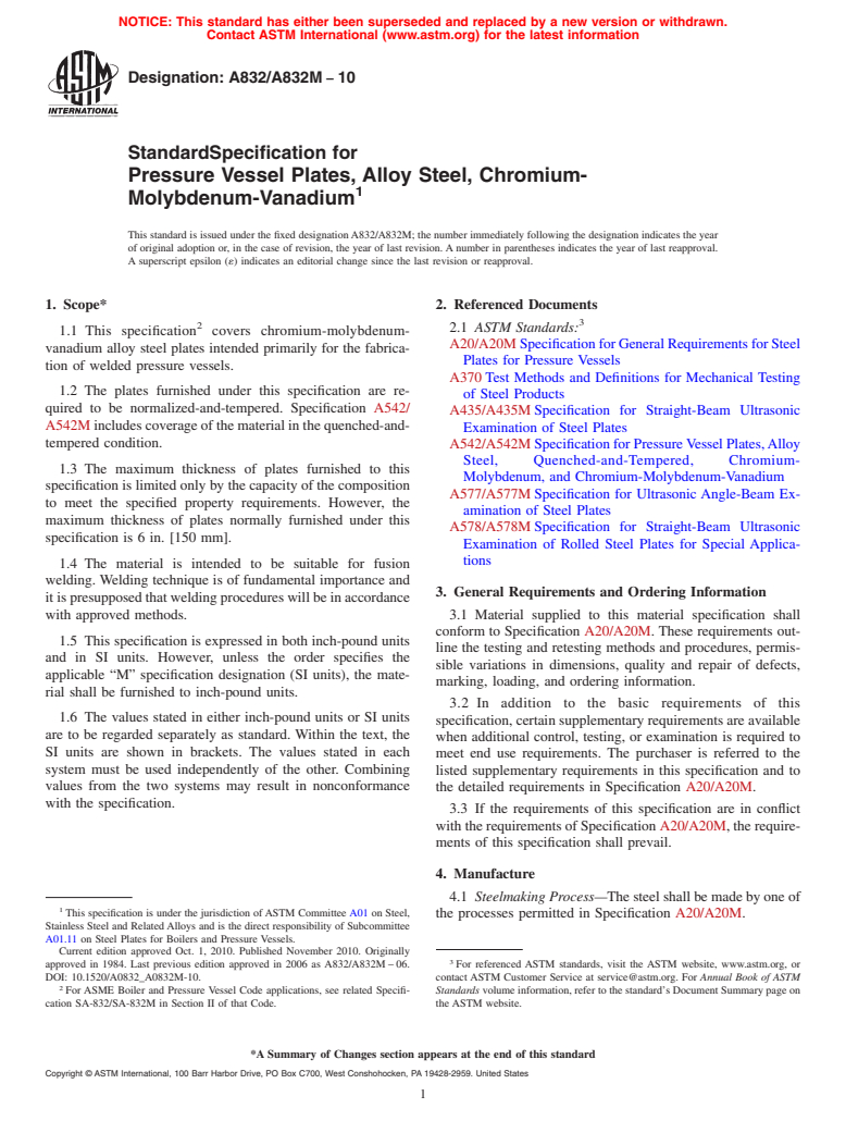 ASTM A832/A832M-10 - Standard Specification for Pressure Vessel Plates, Alloy Steel, Chromium-Molybdenum-Vanadium