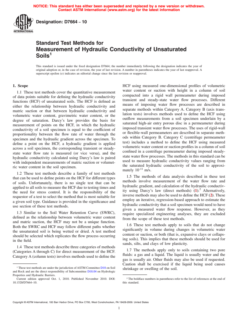 ASTM D7664-10 - Standard Test Methods for Measurement of Hydraulic Conductivity of Unsaturated Soils