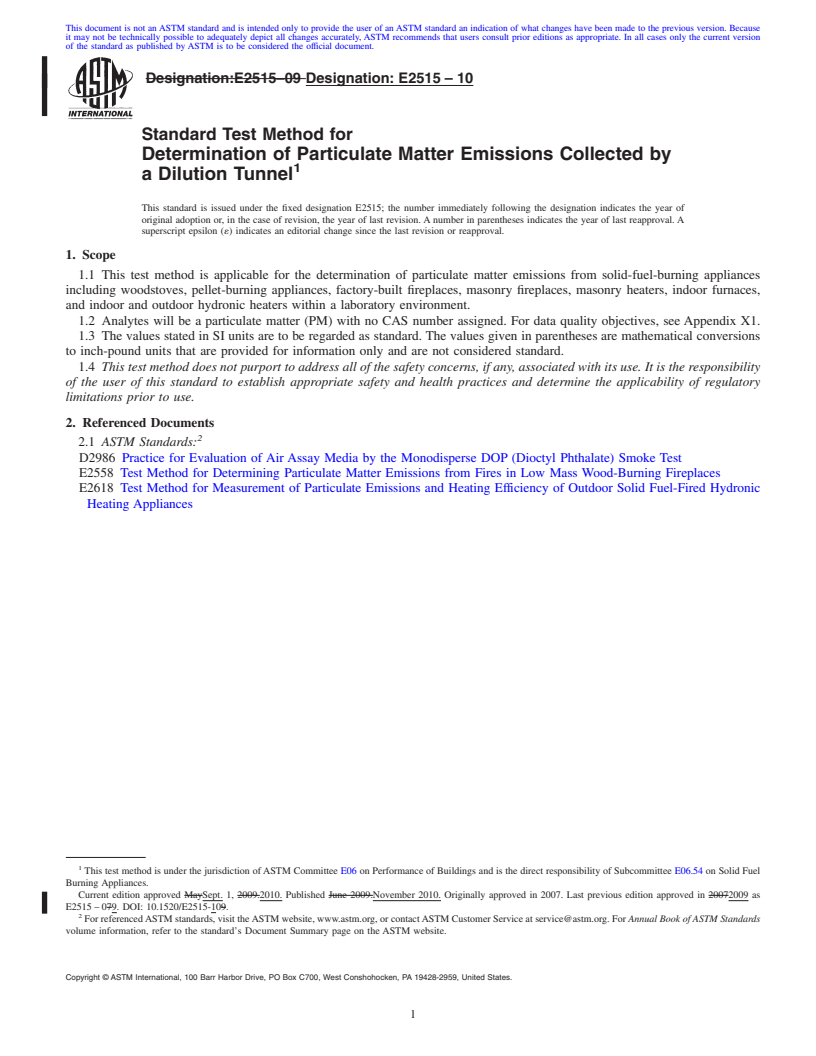 REDLINE ASTM E2515-10 - Standard Test Method for Determination of Particulate Matter Emissions Collected by a Dilution tunnel