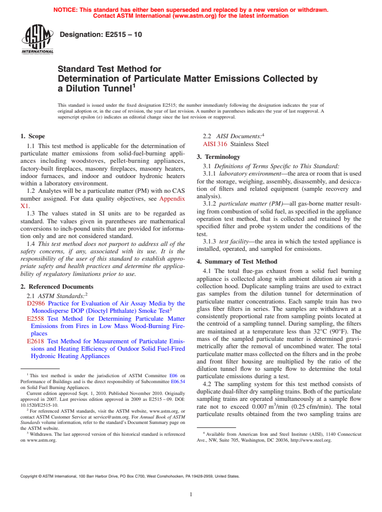 ASTM E2515-10 - Standard Test Method for Determination of Particulate Matter Emissions Collected by a Dilution tunnel