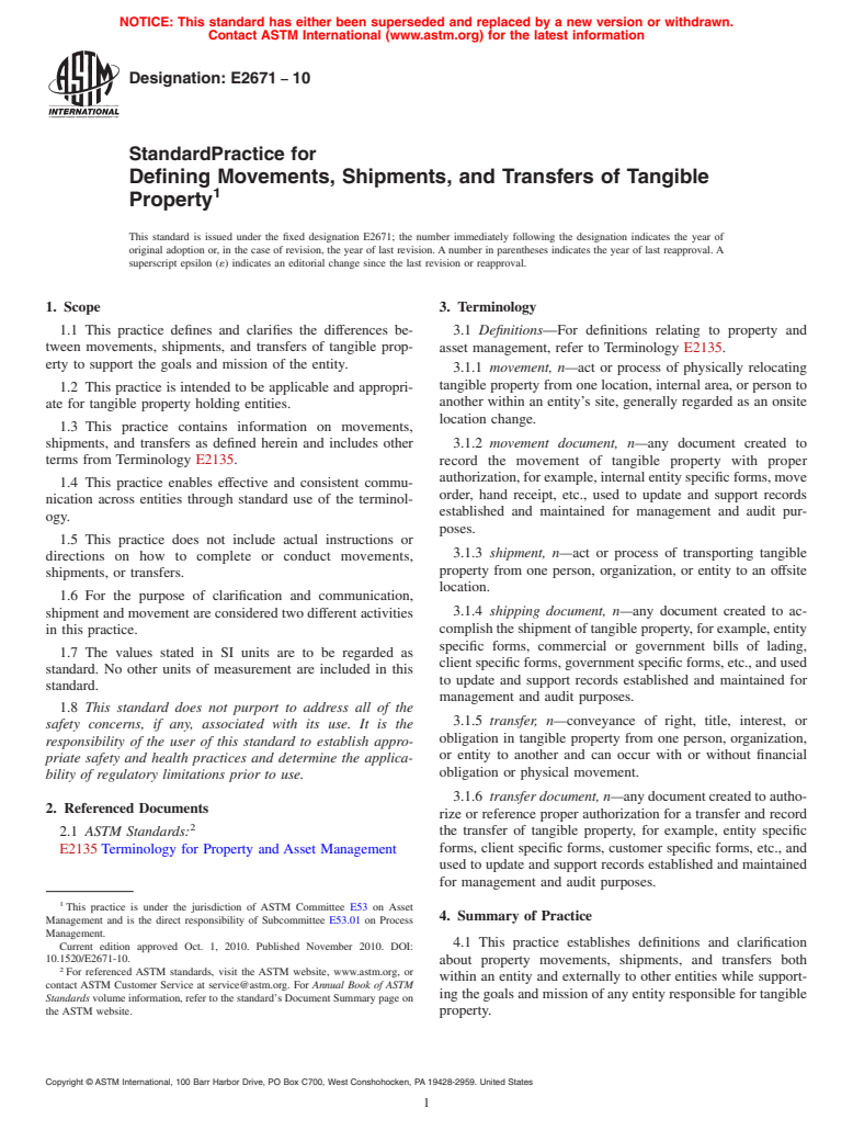 ASTM E2671-10 - Standard Practice for Defining Movements, Shipments, and Transfers of Tangible Property