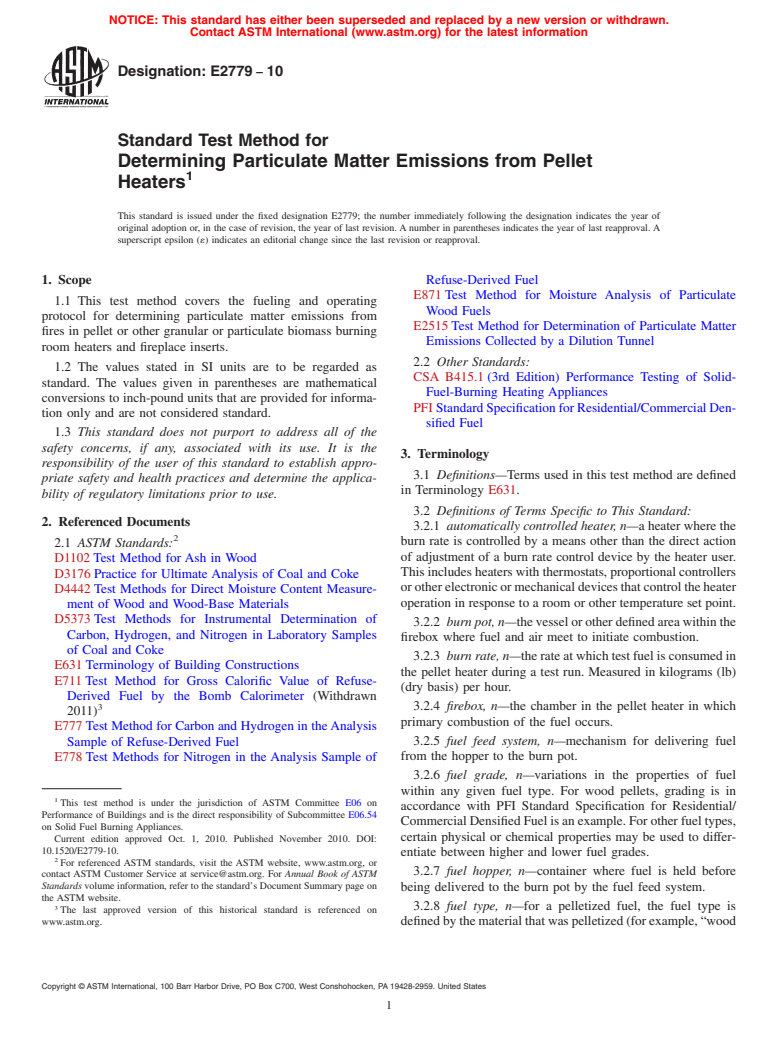 ASTM E2779-10 - Standard Test Method for Determining Particulate Matter Emissions from Pellet Heaters