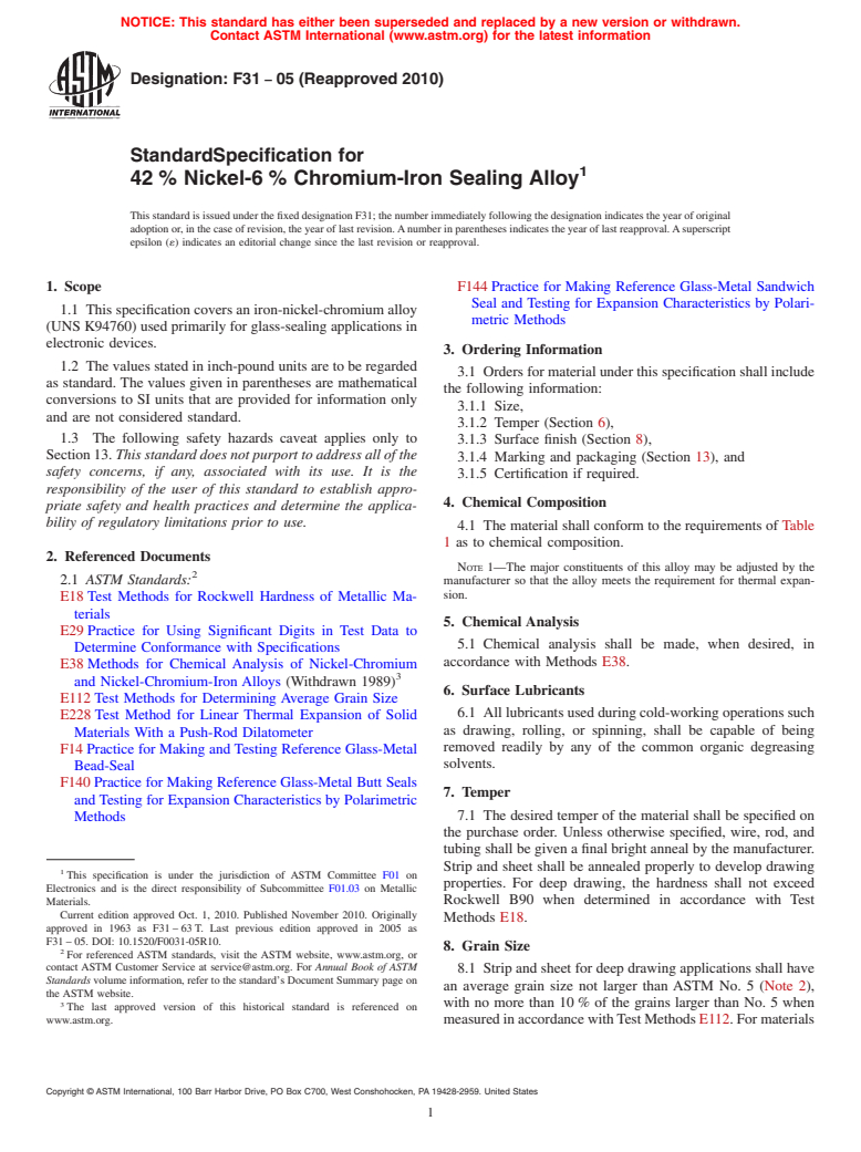 ASTM F31-05(2010) - Standard Specification for 42% Nickel-6% Chromium-Iron Sealing Alloy