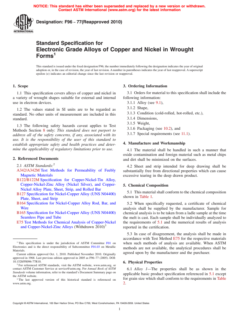 ASTM F96-77(2010) - Standard Specification for Electronic Grade Alloys of Copper and Nickel in Wrought Forms