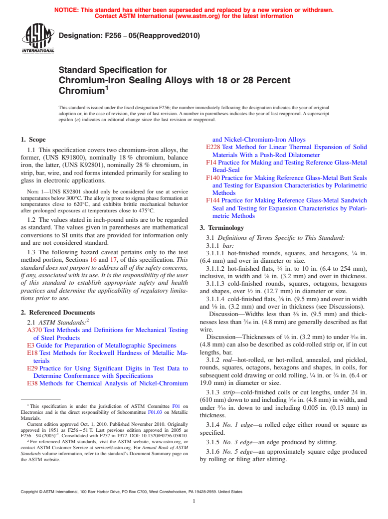 ASTM F256-05(2010) - Standard Specification for Chromium-Iron Sealing Alloys with 18 or 28 Percent Chromium