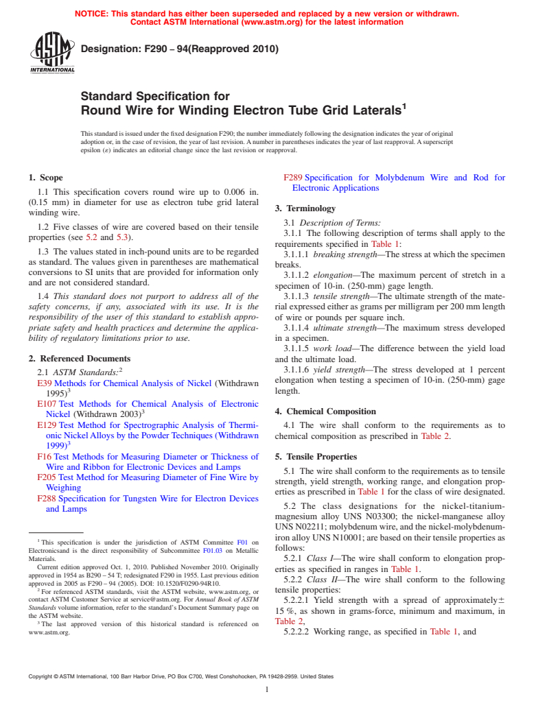 ASTM F290-94(2010) - Standard Specification for Round Wire for Winding Electron Tube Grid Laterals